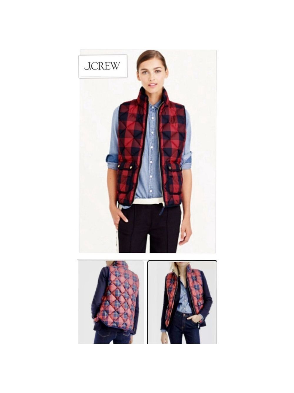 J.Crew Buffalo Plaid Excursion Preppy Puffy Vest Signature Tartan Red/Navy XS - Picture 2 of 8